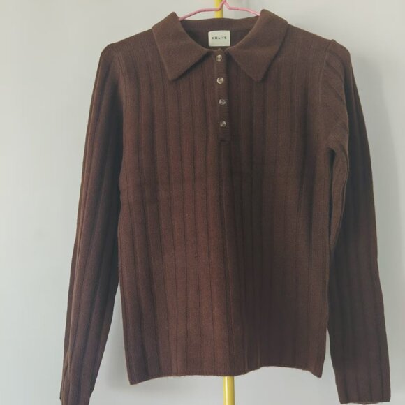 Khaite Brown 100% Wool Polo Collar Ribbed Knit Sweater - Size S - Picture 1 of 6